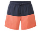 Kurze, dunkelblaue und orangefarbene Badehose.