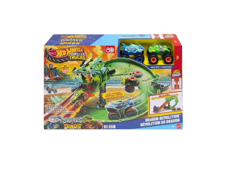 Monster-Truck-Spielset mit Drachen, zwei Monster-Trucks und einem Schienensystem.