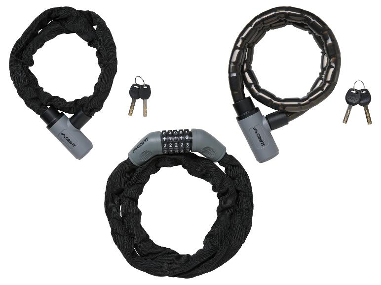 Drei Crivit Fahrradkettenschlösser: zwei mit Schlüsseln, eines mit Zahlenschloss.