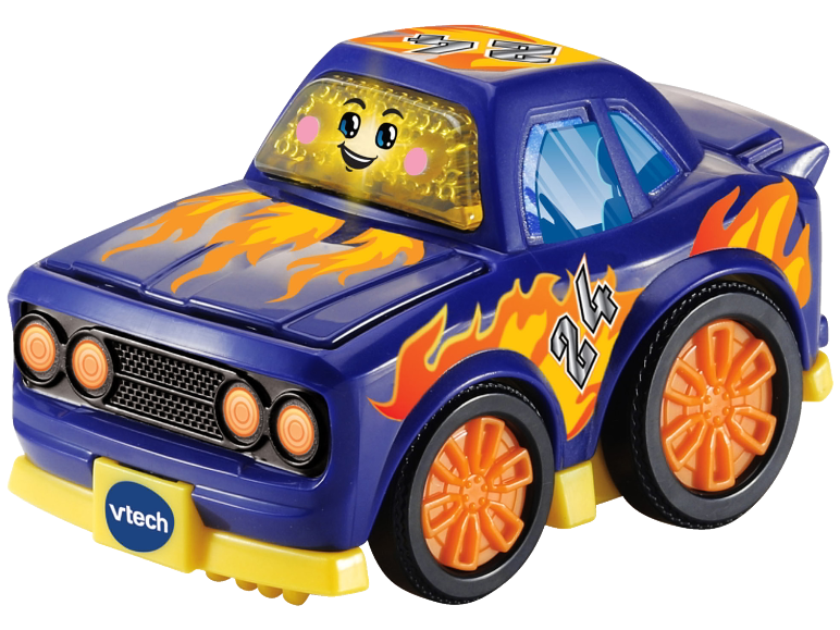 Blaues Spielzeugauto mit orangefarbenen Flammen, der Nummer 24 und einem lächelnden Gesicht auf der Windschutzscheibe.