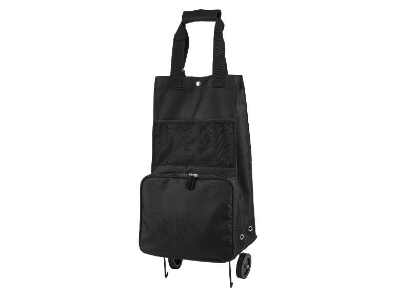 Schwarze Einkaufstasche auf Rädern mit Griff und Taschen