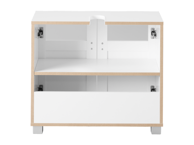 Weißer Unterschrank mit zwei Einlegeböden und Rohrausschnitt, von vorne offen.