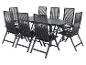Gartenmöbel: schwarzer rechteckiger Tisch mit acht passenden Stühlen.