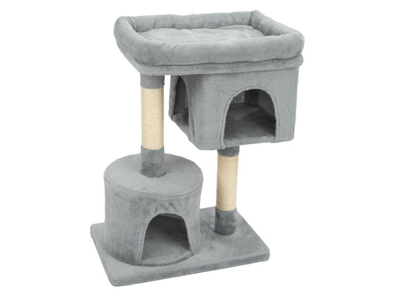 Grauer zweistöckiger Katzenbaum mit Kratzstämmen
