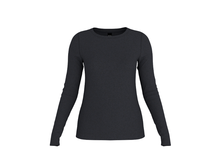 Dunkelgraues Damen-Langarmshirt auf schwarzem Hintergrund.