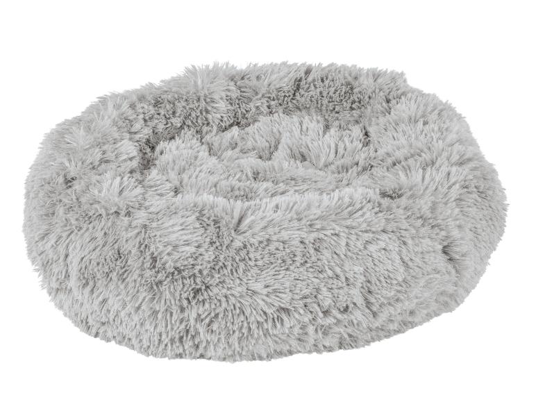 Rundes, graues, flauschiges Haustierbett