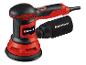 Rot-schwarzer Exzenterschleifer mit Staubfangbeutel.