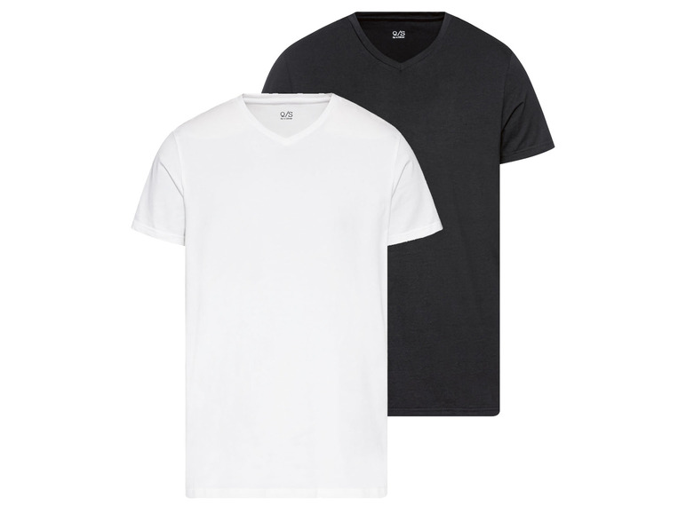 Zwei V-Ausschnitt T-Shirts von O/S, eines weiß und eines schwarz.