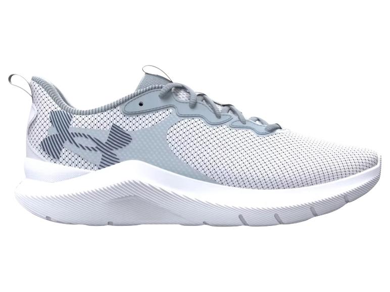 Weißer und grauer Sportschuh mit grauen Schnürsenkeln und einer strukturierten weißen Sohle.