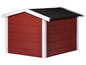 Ein rotes Hundehaus aus Holz mit einem schwarzen Dach.