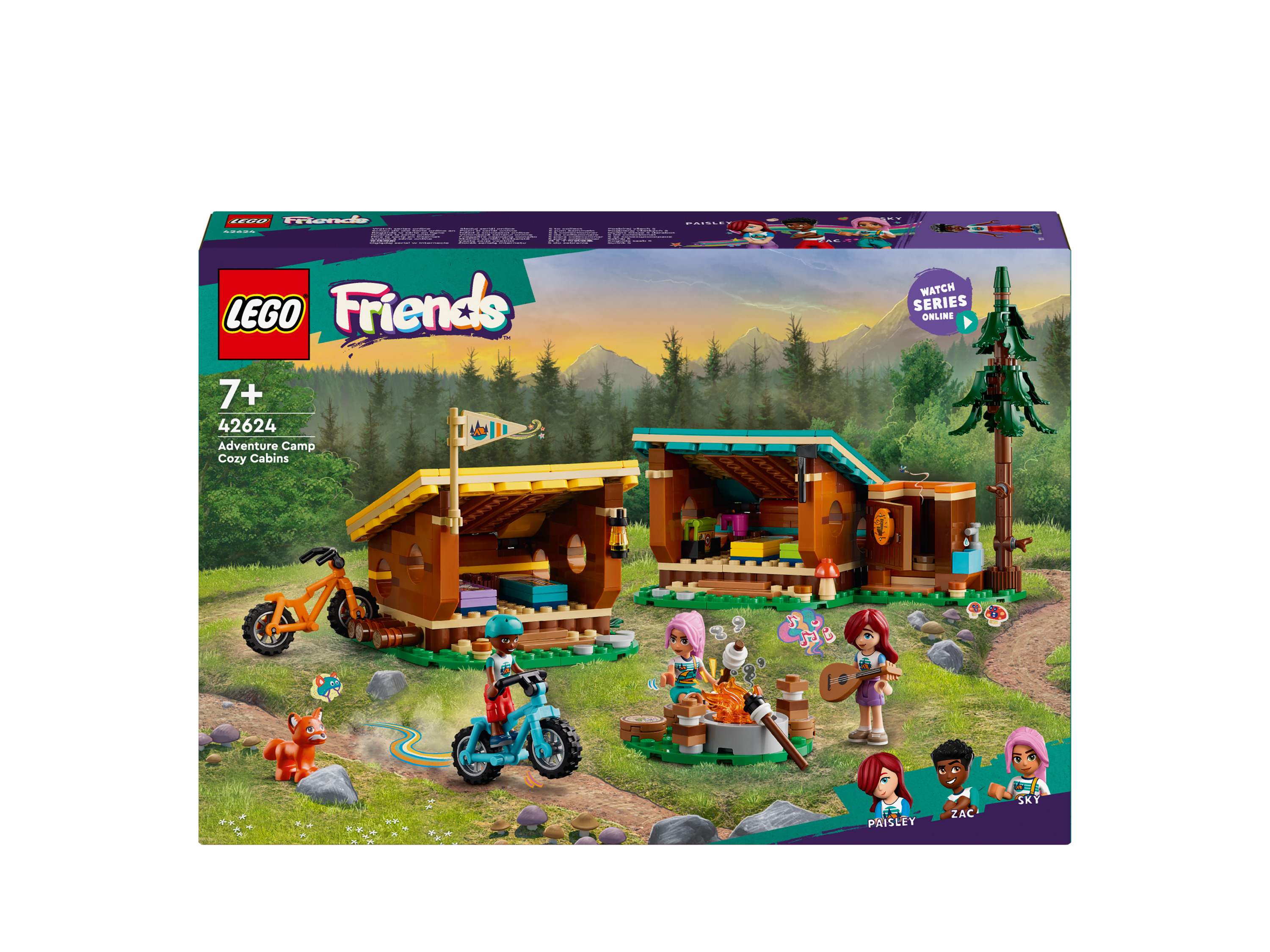 LEGO® Friends 42624 »Gemütliche Hütten im Abenteuercamp«““ | ein Lagerfeuer sowie Zubehör für Rollenspiele 3 Spielfiguren und ein Fuchs: Dieses Camping-Spielzeug beinhaltet die Lego Friends Spielfiguren Paisley, Zac und Sky sowie einen Fuchs, damit Kinder sofort kreativ spielen können 2 Mountainbikes: Dieses Lernspielzeug lässt Kinder besonders fantasievoll spielen. Die Spielfiguren können eine Runde auf den Mountainbikes drehen und sich dann am Lagerfeuer ausruhen Campingzubehör für Geschichten am Lagerfeuer: Das Lego Friends Spielzeug beinhaltet Becher, eine Flagge, eine Laute, eine Laterne, ein Lagerfeuer und Zutaten, um Marshmallows für S‘Mores zu rösten Geschenkidee für Kinder: Dieses Bauspielzeug ist ein tolles Geburtstags- oder Überraschungsgeschenk für Mädchen und Jungen ab 7 Jahren, die Rollenspiele und Campingspielzeug lieben Faszinierendes Bauerlebnis: Die Lego Builder App nimmt Kinder auf ein intuitives Bauabenteuer mit. Kinder können Sets speichern, den Baufortschritt verfolgen und beim Bauen 3D-Ansichten der Modelle vergrößern und drehen Produktmerkmale tabletd Anzahl Teile: 437 Maße: B 17 x T 11 x H 15 cm Altersempfehlung: 7+ Batterien benötigt: nein Batterien enthalten: nein Lieferumfang: 2 x Hütten