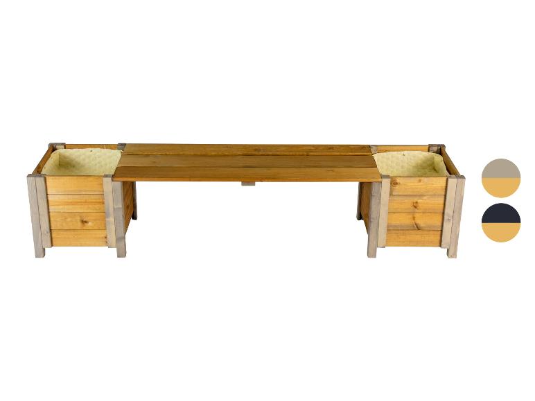 Gartenbank aus Holz mit integrierten Pflanzkästen, helle Holz- und Grautöne.