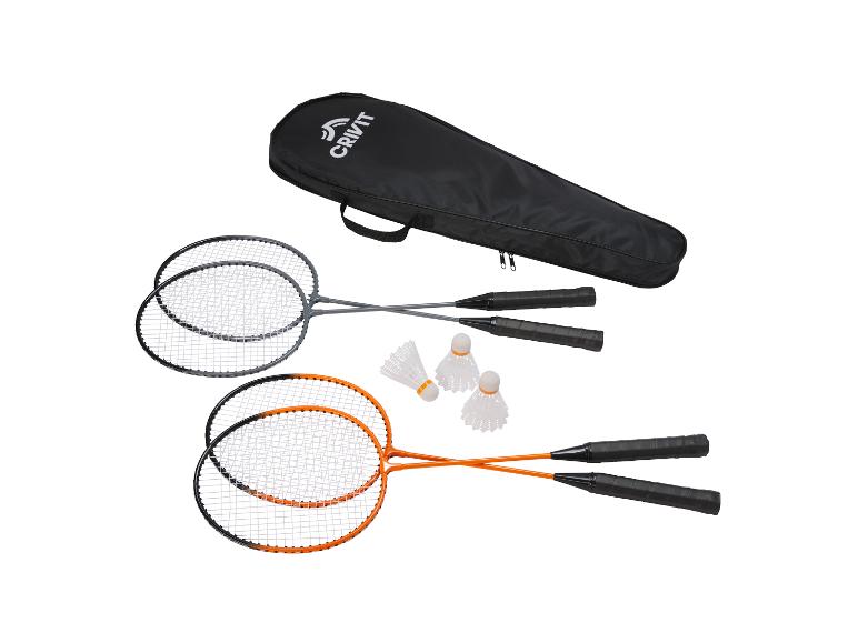 Crivit Badminton-Set mit zwei grauen Schlägern, zwei orangefarbenen Schlägern, Federbällen und Tragetasche.