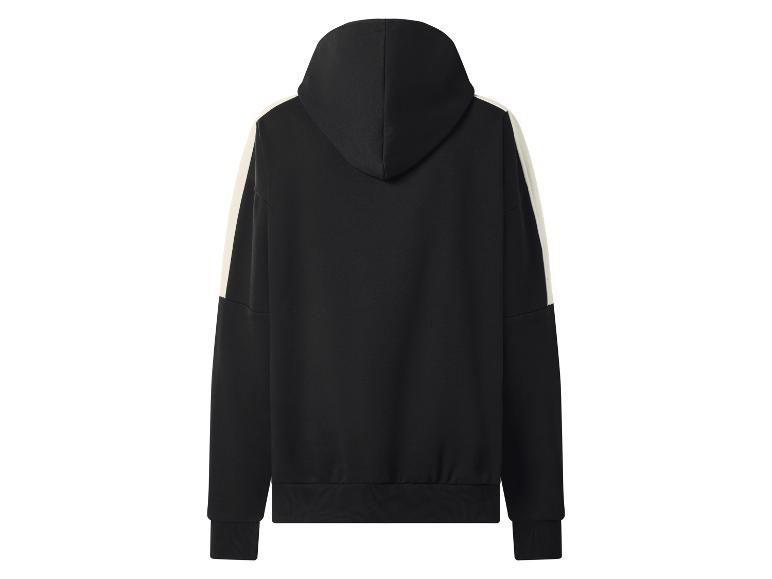 Schwarzer Langarm-Hoodie mit weißen Streifen an den Ärmeln, Rückansicht.
