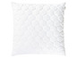 Ein weißes, gestepptes Kissen mit einem runden Muster.