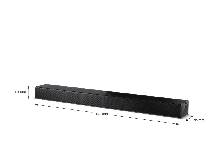 Schwarze Soundbar mit Abmessungen: 800 mm Länge, 63 mm Höhe und 95 mm Tiefe.