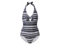 Ein schwarz-weiß gestreiftes Badekleid mit Halterneck.