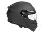 Mattschwarzer modularer Motorradhelm mit Visier, Seitenansicht.