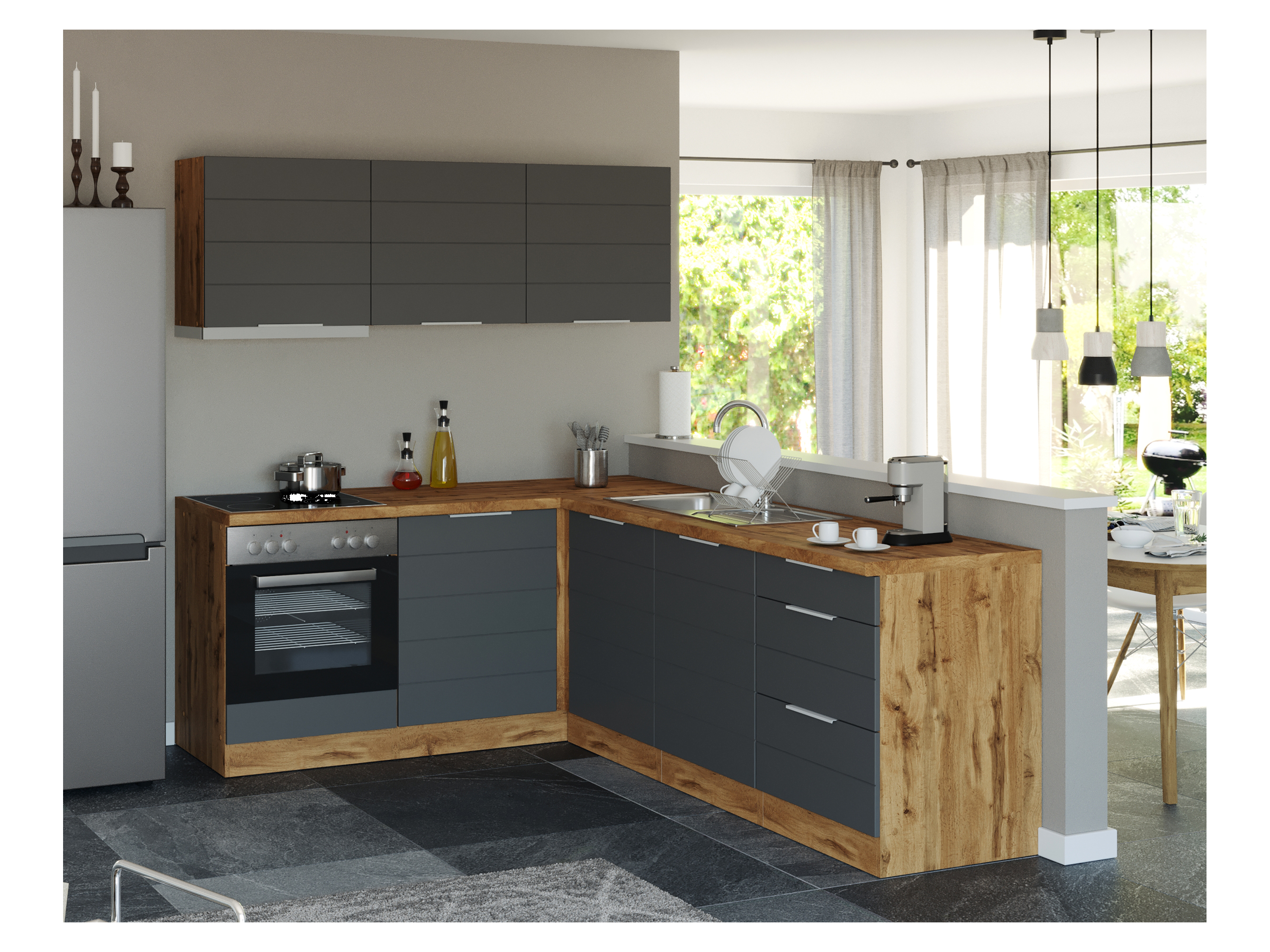 Thumbnail - HELD Küchenzeile »Bonn«, mit Elektrogeräten (240/180 cm, wotaneiche/ matt grau)