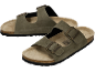 Damen-Sandalen aus olivgrünem Wildleder mit Schnallen, Korksohle und schwarzer Lauffläche.