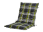 Ein grün-grauer karierter Stuhlkissen.