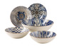 Ein Set mit vier Schüsseln in verschiedenen blauen und weißen Mustern.
