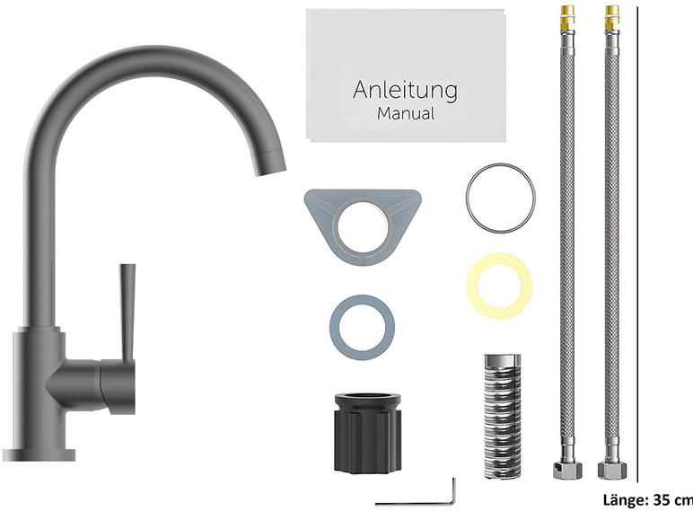 Eine schwarze Küchenarmatur mit zwei flexiblen Anschlussschläuchen und Montageanleitung.