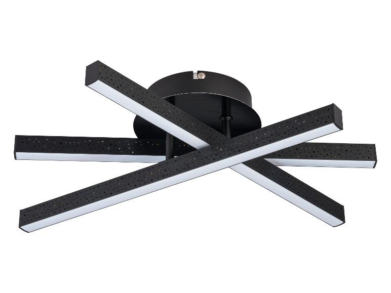 Moderne schwarze LED-Deckenleuchte mit vier sich kreuzenden rechteckigen Armen und perforierten Details