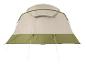 Zweifarbiger Campingzelt in Beige und Olivgrün mit Abspannleinen.