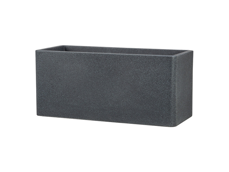 Ein langer, grauer Plastik-Blumentopf.