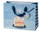 Blaue Geschenktüte mit Geburtstagstorte, Kerzen und Sternen, mit Cupcake-Geschenkanhänger.