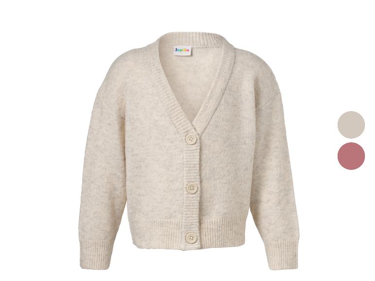 Beige Strickjacke mit Knöpfen und V-Ausschnitt, mit zwei Farbmustern an der Seite.