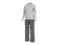 Damen-Pyjama-Set: graues Langarmshirt mit „Happy Holidays“-Aufschrift und karierte Hose.