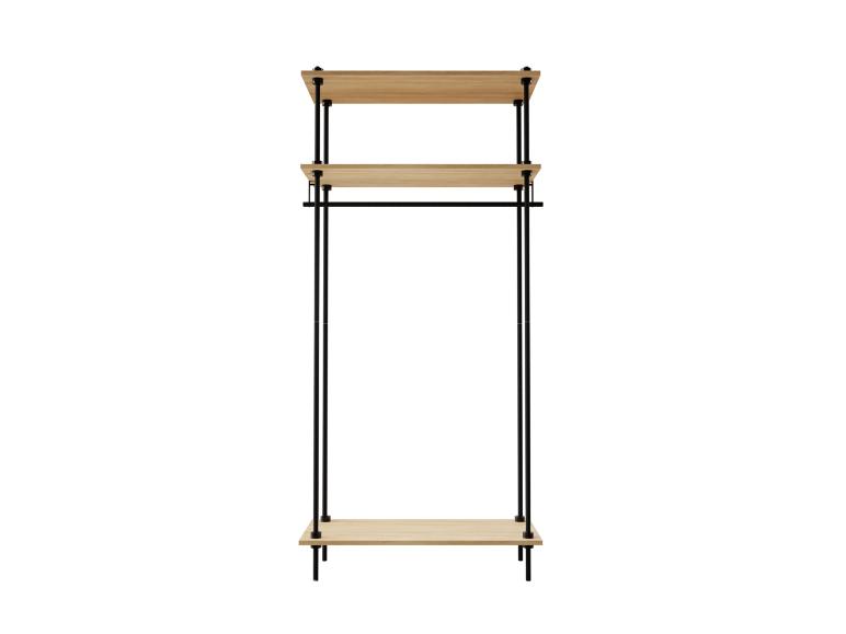 Freistehendes Holzregal mit schwarzem Metallrahmen und Kleiderstange.
