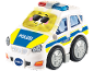 Spielzeug Polizeiauto mit Cartoon-Gesicht, Lichtern und der Aufschrift „POLIZEI“.