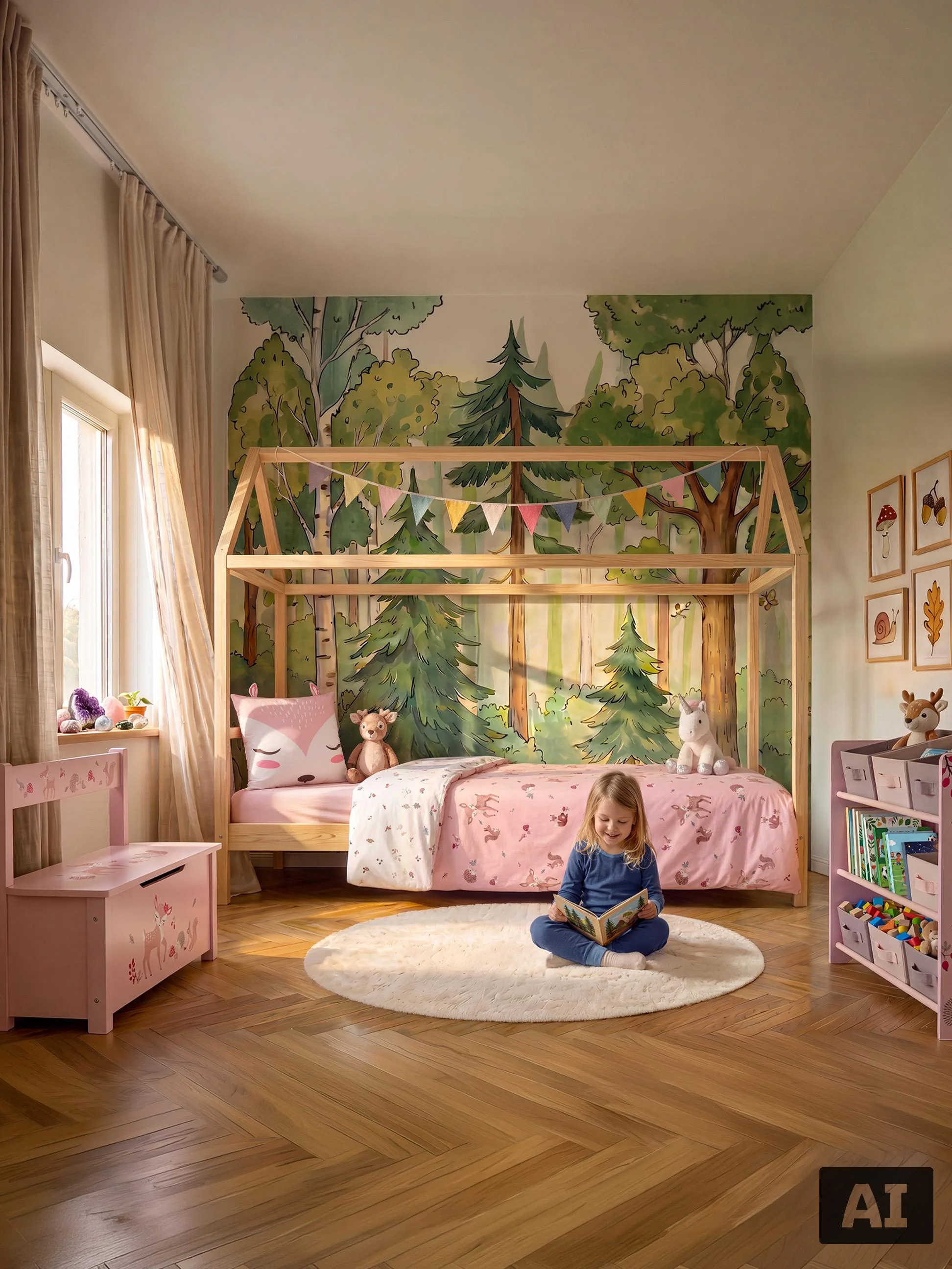 Kinderzimmer im Wald-Stil mit Hausbett aus Holz, rosa Möbeln und rundem Teppich.