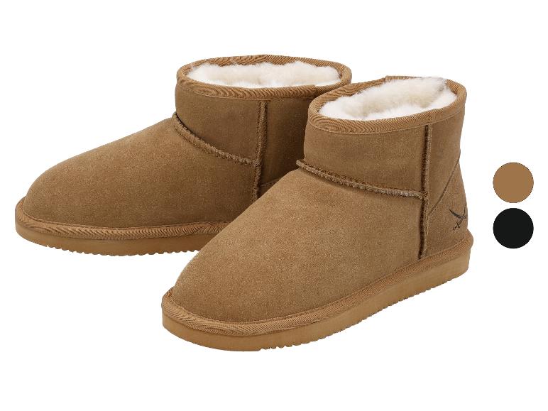 Paar braune Wildleder-Stiefeletten mit weißem Kunstfellfutter, mit Farbmustern