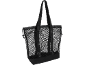 Schwarze Netztasche mit Schulterriemen und Kordelzug.