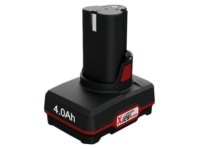Schwarzer und roter 4.0Ah Akku für Elektrowerkzeuge mit X12V Team Logo.