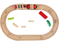 Hölzerne Spielzeugeisenbahn mit ovaler Schiene und bunten Bauklötzen.