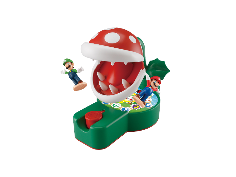 Brettspiel mit roter Piranha-Pflanze und Mario- und Luigi-Figuren