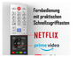Fernbedienung mit Netflix, Prime Video und Schnellzugriffstasten.