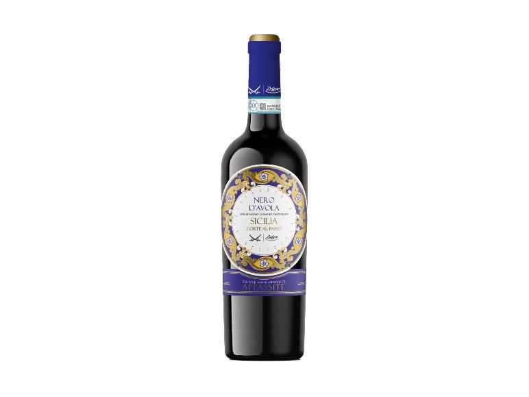 Eine Flasche Deluxe Nero D'Avola Sicilia Rotwein mit blauem und goldenem Etikett.