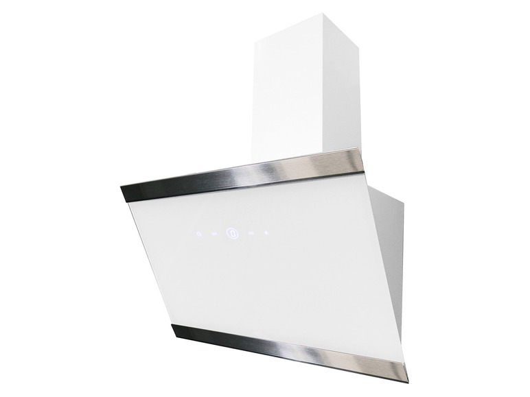 Weiße Dunstabzugshaube mit Edelstahlrahmen.
