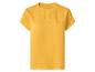 Gelbes Kurzarm-T-Shirt mit Lochstickerei an Schultern und Ausschnitt.