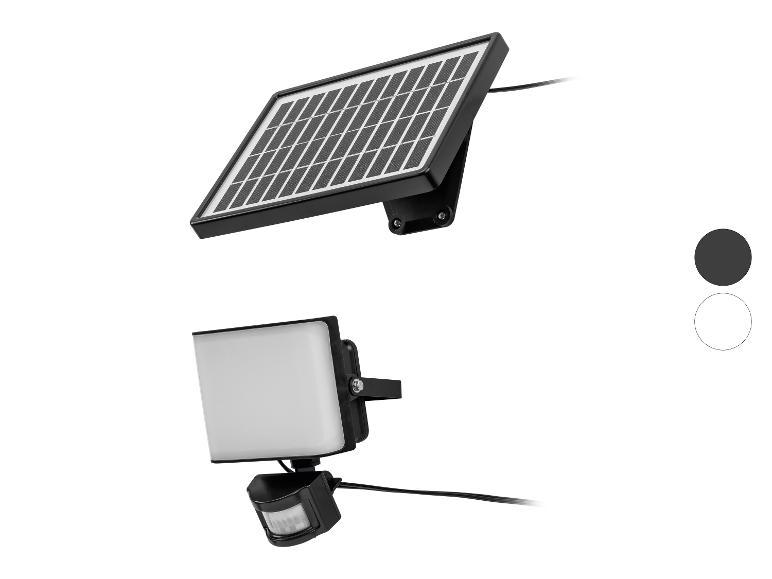 Solar-LED-Flutlicht mit Bewegungssensor, erhältlich in Schwarz und Weiß.