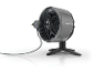 Grauer Tischventilator mit schwarzem Standfuß und Kabel.