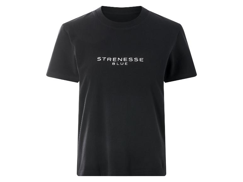 Schwarzes T-Shirt mit weißem Text 'STRENESSE BLUE' auf der Brust.