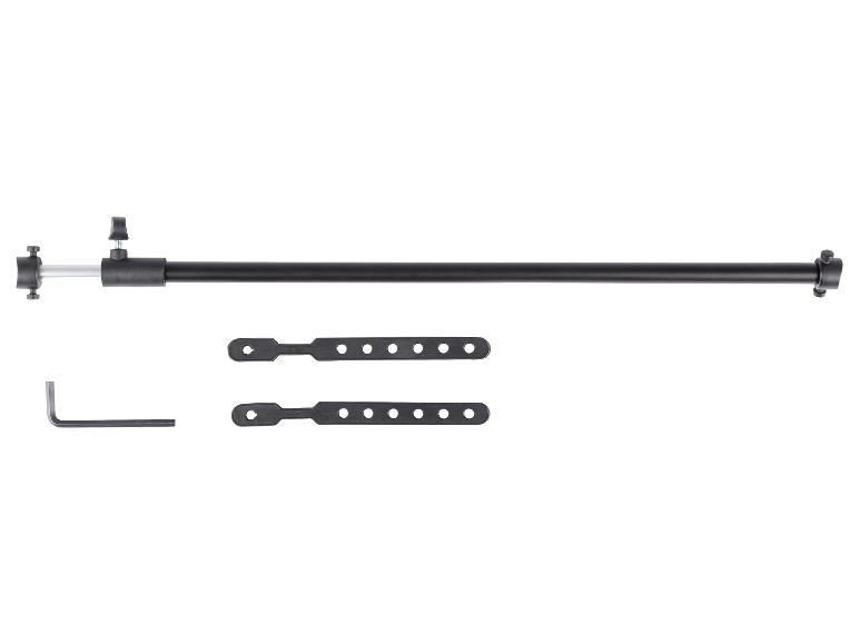 Schwarze Teleskopstange mit verstellbaren Riemen und Inbusschlüssel.