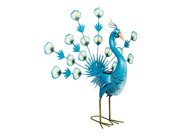 Dekorative, türkisfarbene Pfau-Skulptur mit Solarbetrieb.